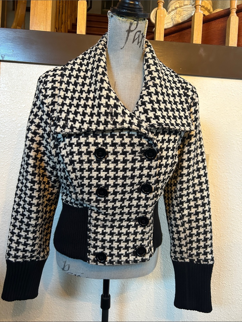 Black Rivet Black and White Houndstooth Double-Breasted Blazer